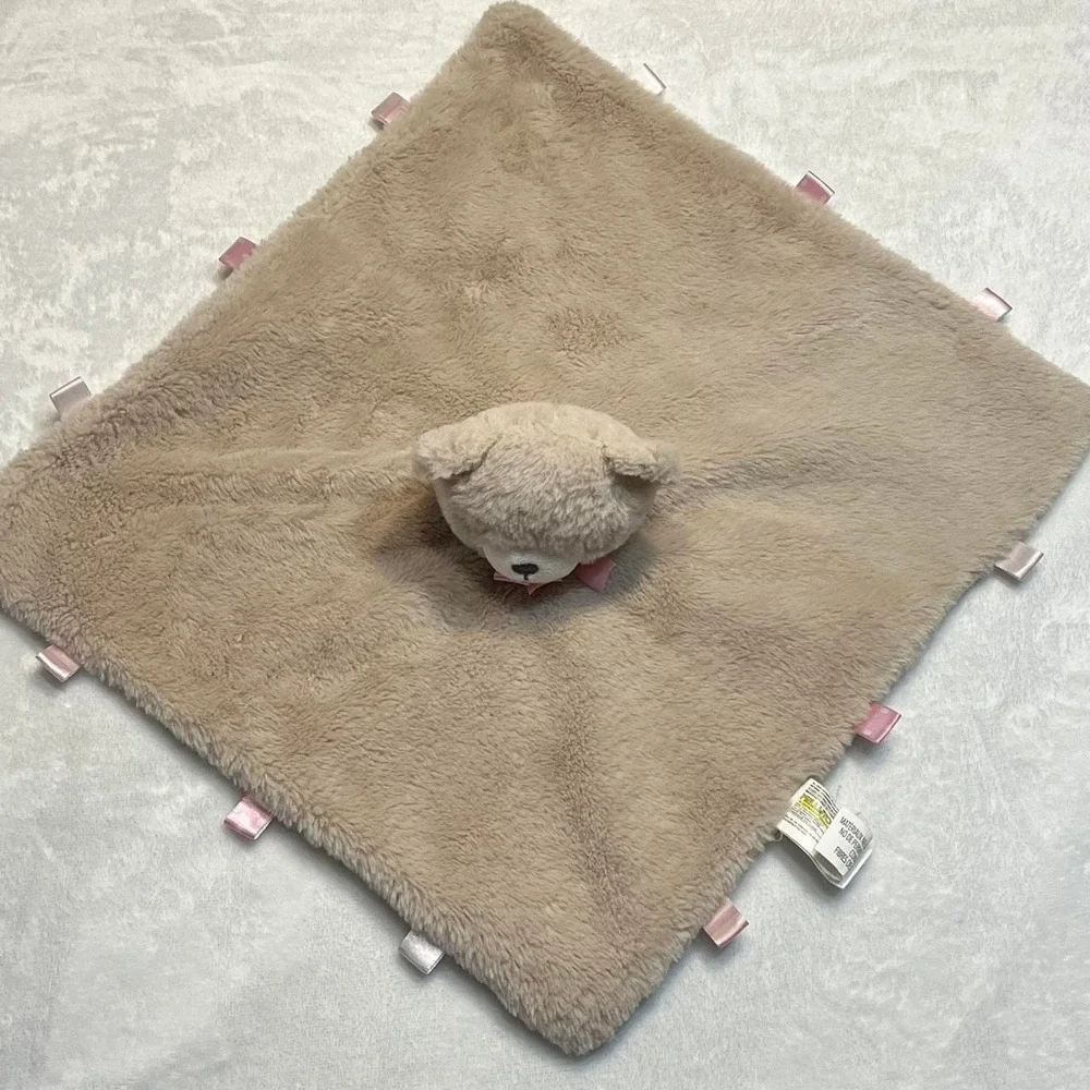 Teddy Bear Lovey Baby Blanket Brown Tan with pink bow Kellytoy